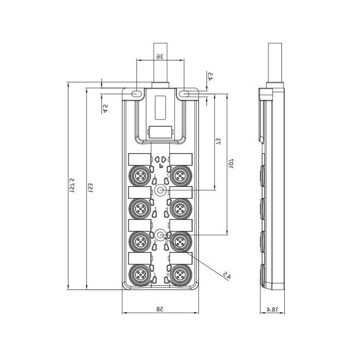 M12 junction box, single channel, Without LED, 8-port integrated, PUR flexible cable, black sheath, 24W801-XXX